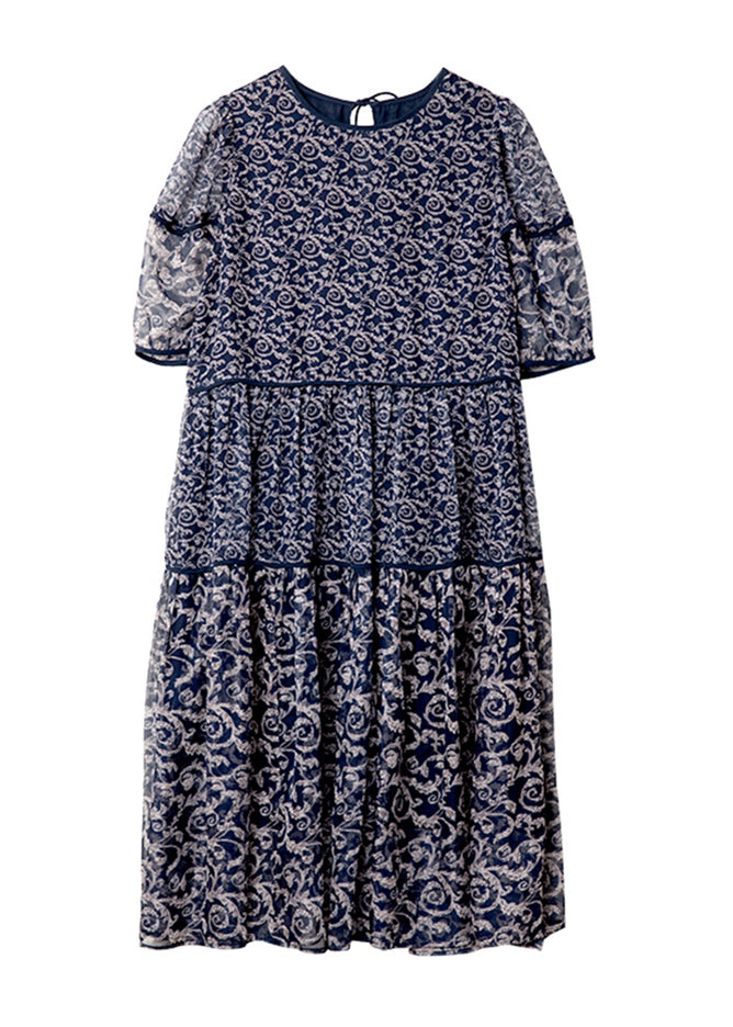 Robe d'été en mousseline de soie patchwork pour femme, imprimé, col rond, bleu marine
