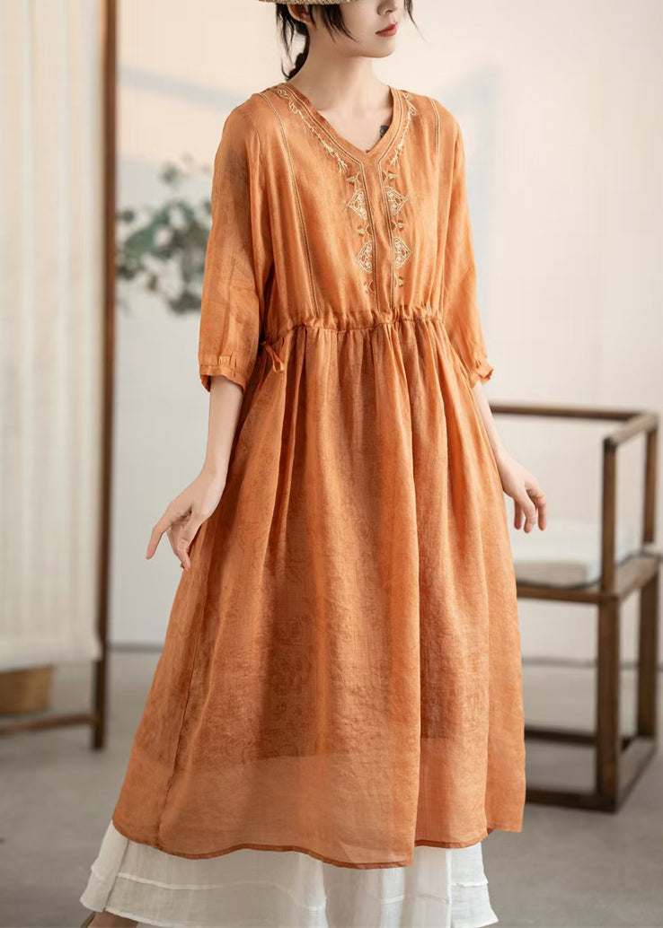 Damen Sommer Bestickte Orange Leinen Patchwork Kleider