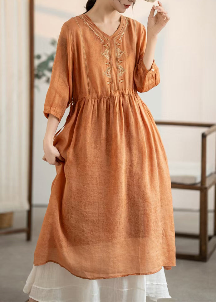 Damen Sommer Bestickte Orange Leinen Patchwork Kleider
