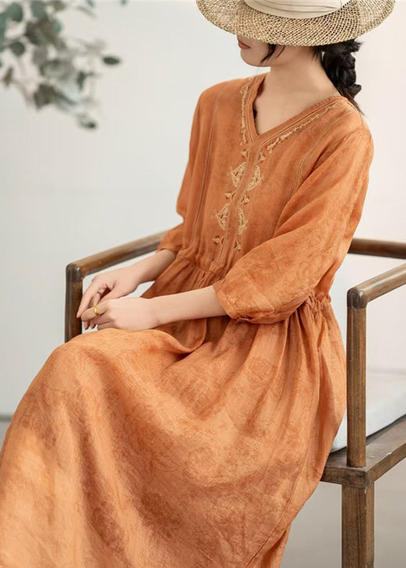 Damen Sommer Bestickte Orange Leinen Patchwork Kleider