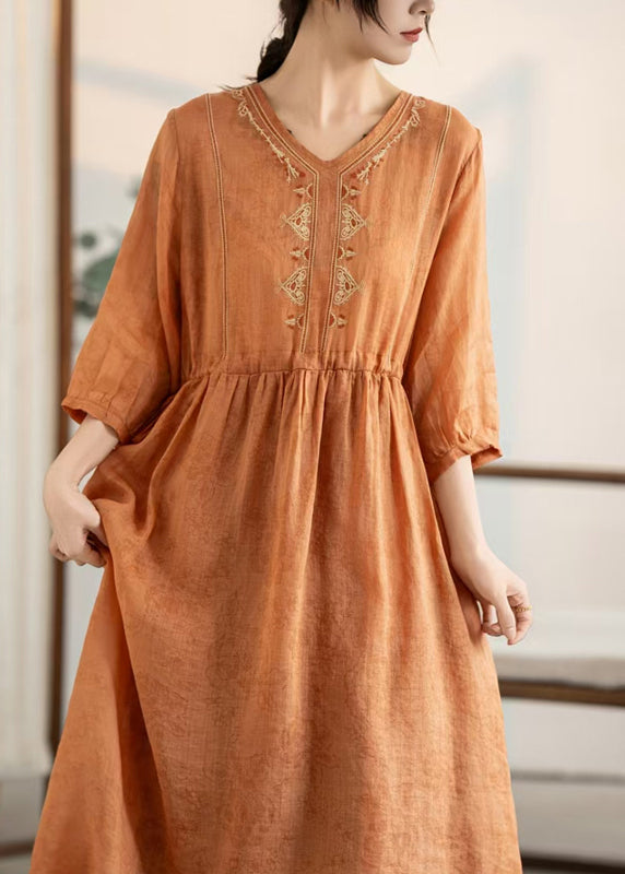Damen Sommer Bestickte Orange Leinen Patchwork Kleider