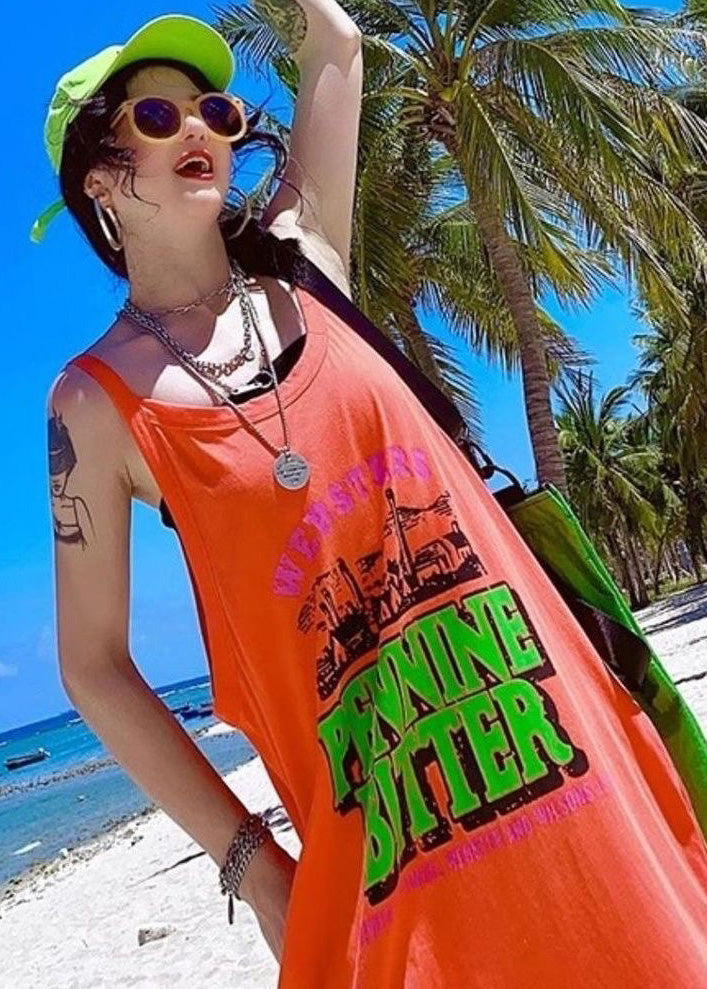 Orange Baumwolle Übergroße Sommer Damen Print Urlaub Sommerkleider