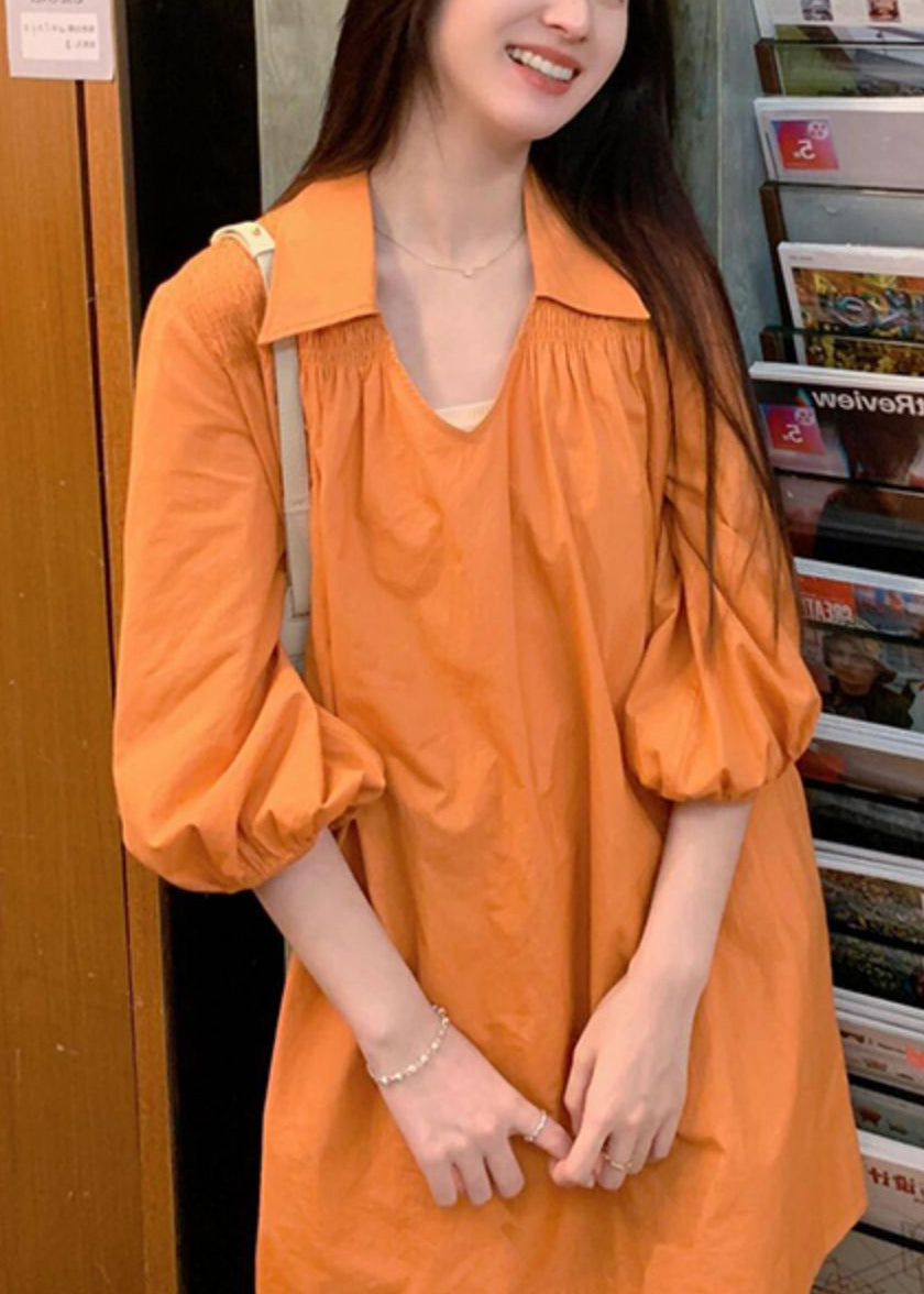 Women Peter Wrinkled Dresses Shirts Orange Cotton Pan Collar