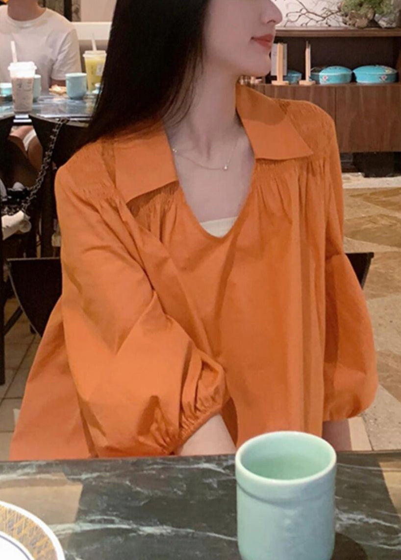 Women Peter Wrinkled Dresses Shirts Orange Cotton Pan Collar