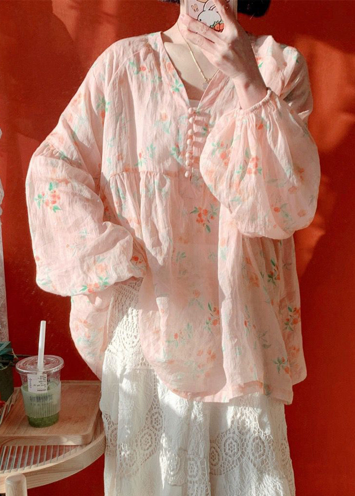 Rosa Baumwollbluse mit Knopfdruck und Laternenärmeln für Damen KJ019