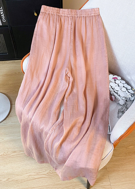 Summer Waist Elastic Pink Pants Linen Embroidered Wide Leg Women