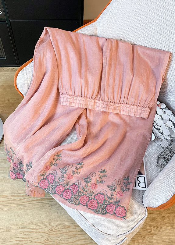 Summer Waist Elastic Pink Pants Linen Embroidered Wide Leg Women