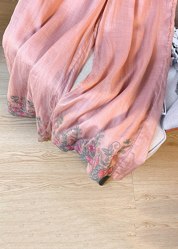 Summer Waist Elastic Pink Pants Linen Embroidered Wide Leg Women