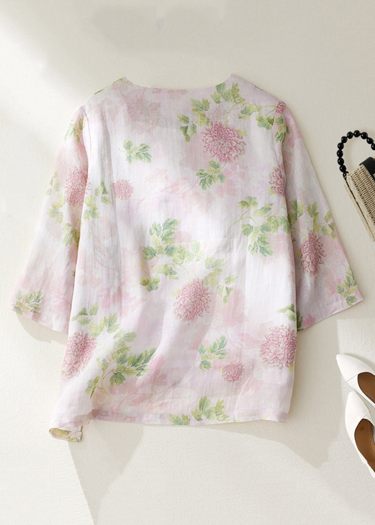 Women Pink O Neck Button Print Linen Shirts Bracelet Sleeve JH063