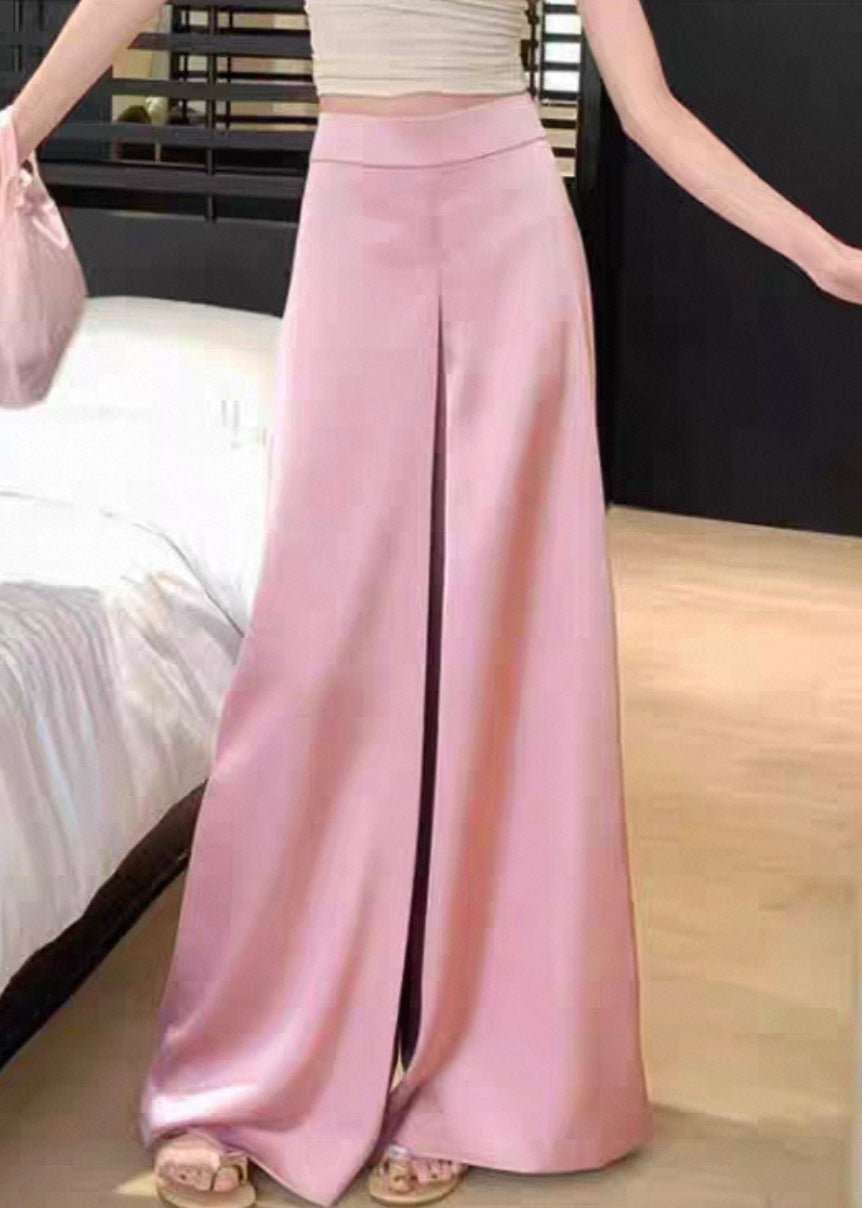 Solid Pink Waist Silk Pants Summer High Leg Women Wide