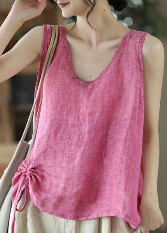 Women Pink Solid V Neck Lace Up Cotton Tank Sleeveless AH565