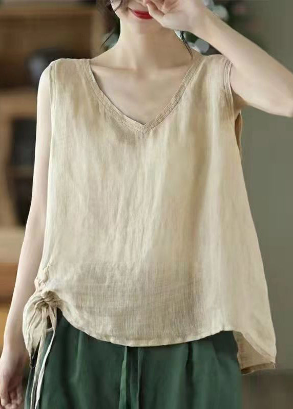 Women Pink Solid V Neck Lace Up Cotton Tank Sleeveless AH565