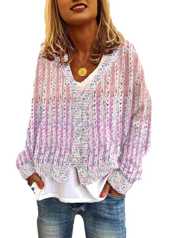 Neck Cardigan Rosa Frauen Gemütliche V Gestreiften Frühling