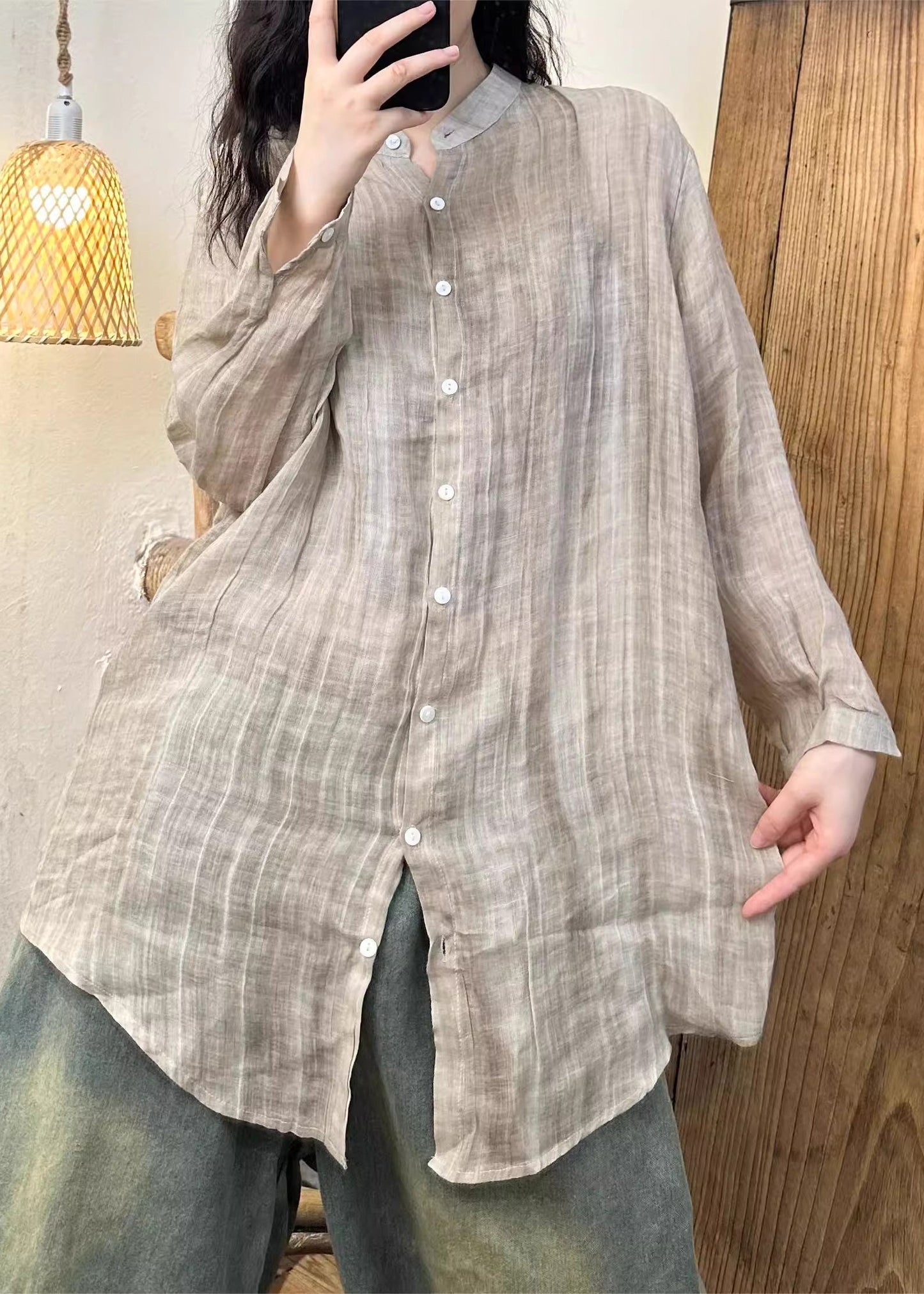 Falten Solid Pink Button Frühling Leinen Damen Hemd