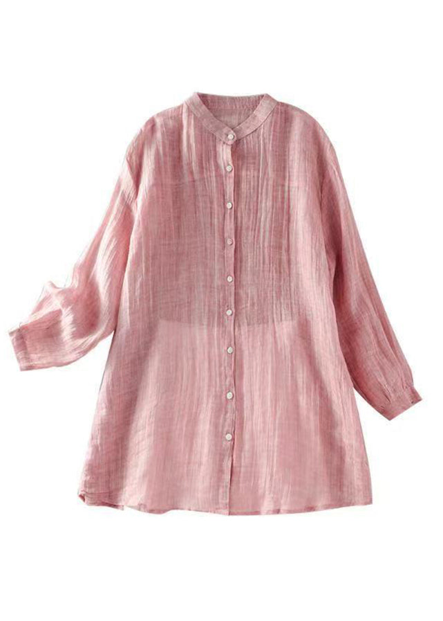 Falten Solid Pink Button Frühling Leinen Damen Hemd