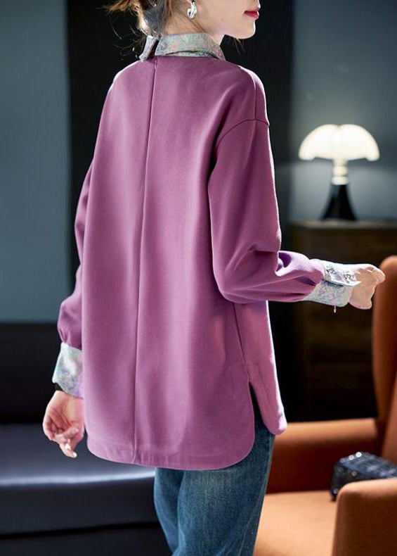 Sweat-shirt en coton patchwork violet à col Peter Pan pour femme, printemps RL047