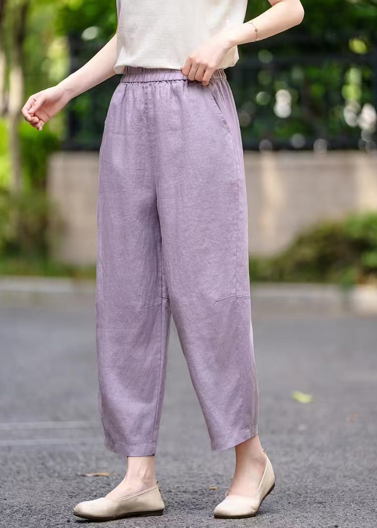 Pantalon élastique d'été avec poches pour femme, taille haute en lin, violet
