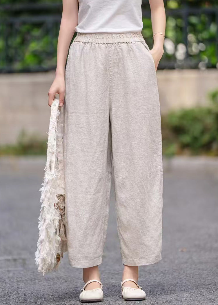 Pantalon élastique d'été avec poches pour femme, taille haute en lin, violet