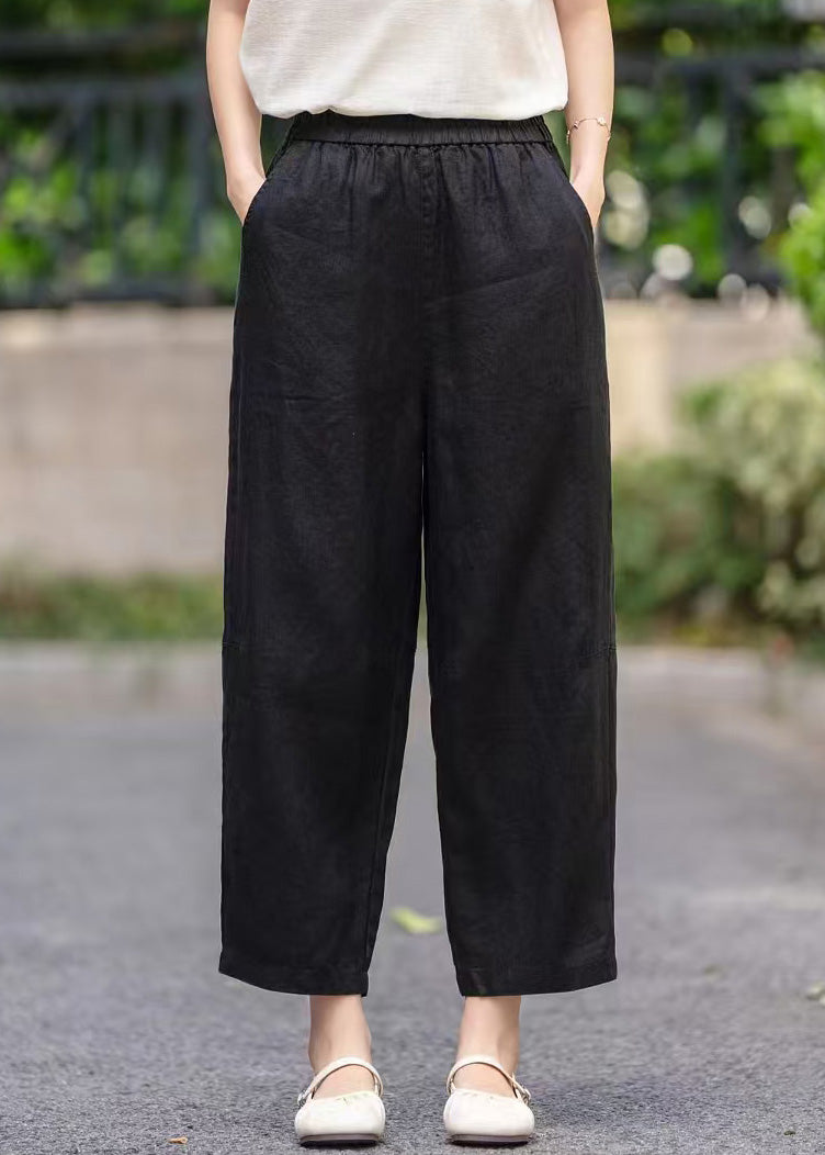 Pantalon élastique d'été avec poches pour femme, taille haute en lin, violet