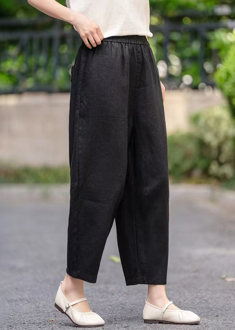 Pantalon élastique d'été avec poches pour femme, taille haute en lin, violet