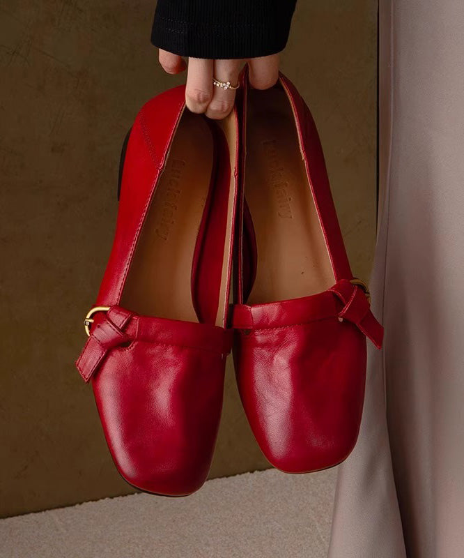 Comfy Chunky Red Shoes Leather Splicing Women Cowhide