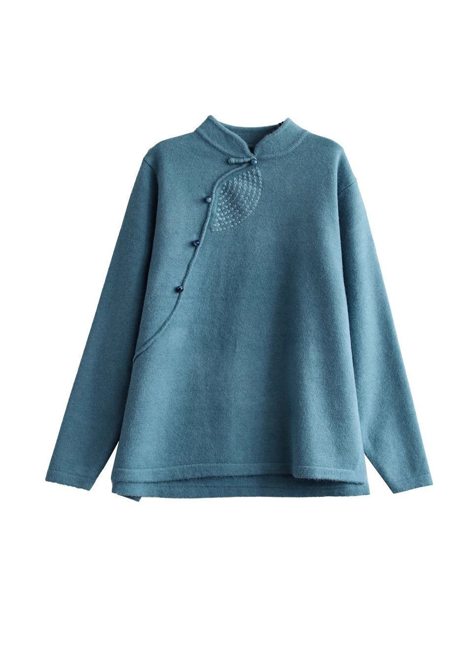 Pull en tricot à col montant bleu paon rétro pour femme, printemps TI036