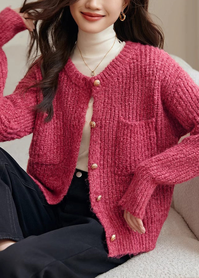 Frauen Rose O Neck Taste Taschen Baumwolle Stricken Mantel Frühling TF006