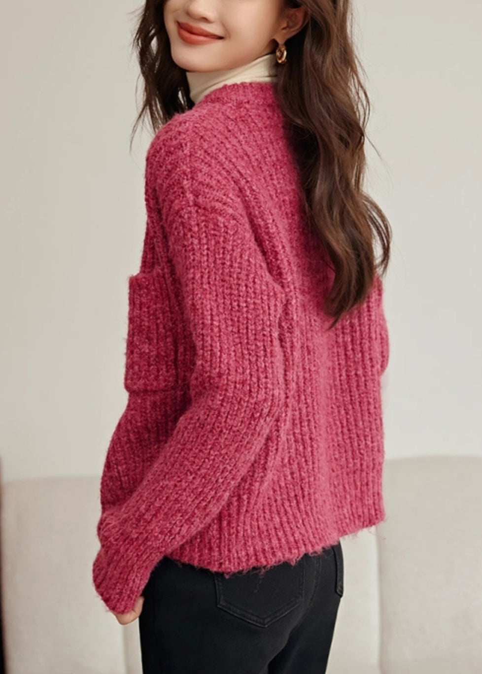 Frauen Rose O Neck Taste Taschen Baumwolle Stricken Mantel Frühling TF006