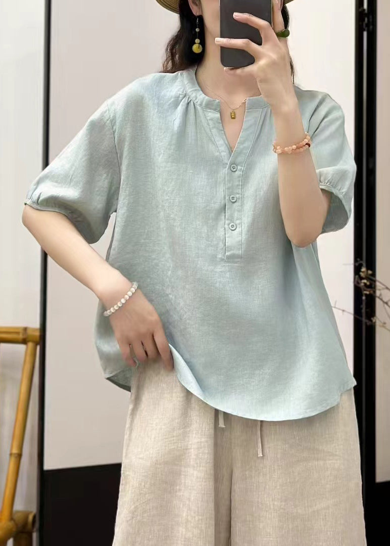 Chemise ample en lin à boutons pour femme, bleu ciel uni