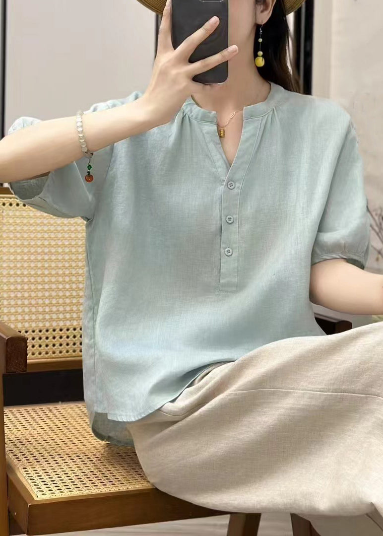 Chemise ample en lin à boutons pour femme, bleu ciel uni