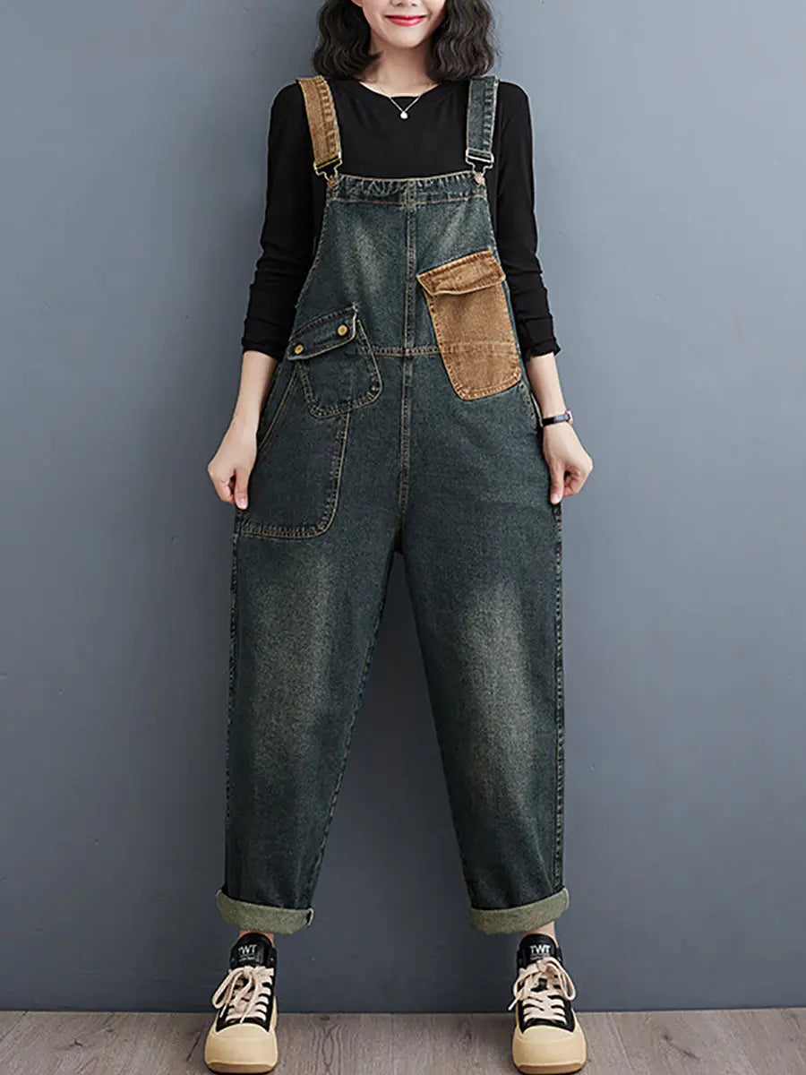Women Vintage Colorblock Denim Loose Jumpsuits Ada Fashion