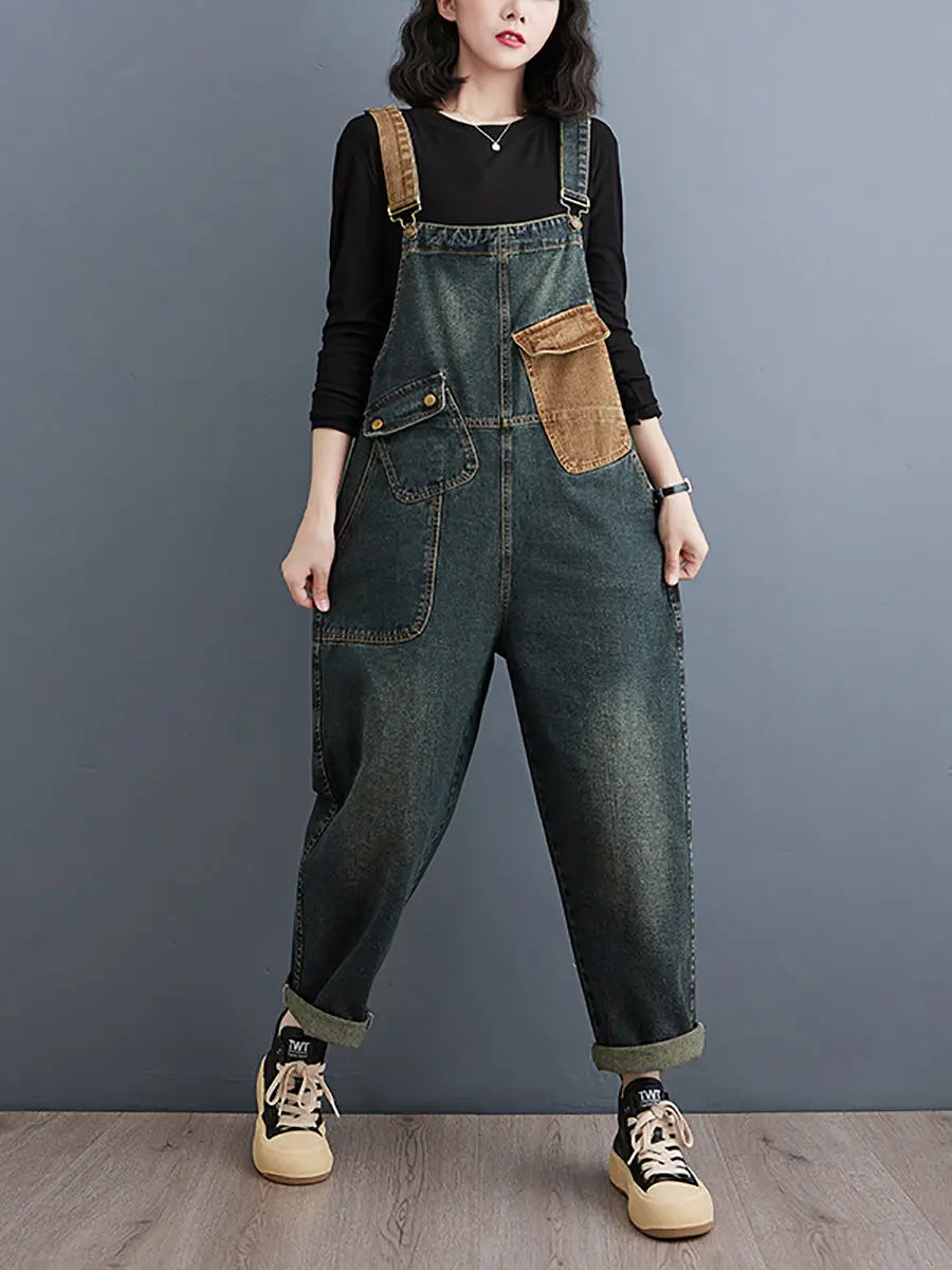 Women Vintage Colorblock Denim Loose Jumpsuits Ada Fashion