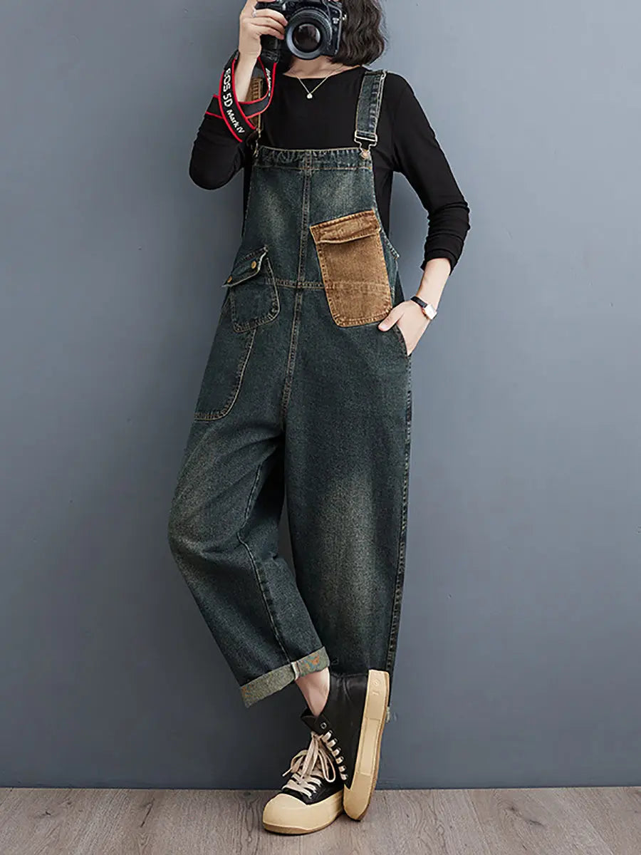 Women Vintage Colorblock Denim Loose Jumpsuits Ada Fashion