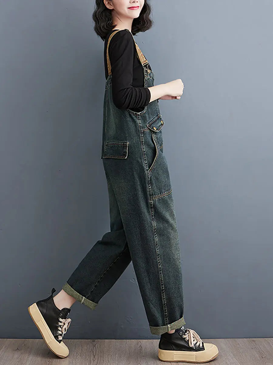 Women Vintage Colorblock Denim Loose Jumpsuits Ada Fashion