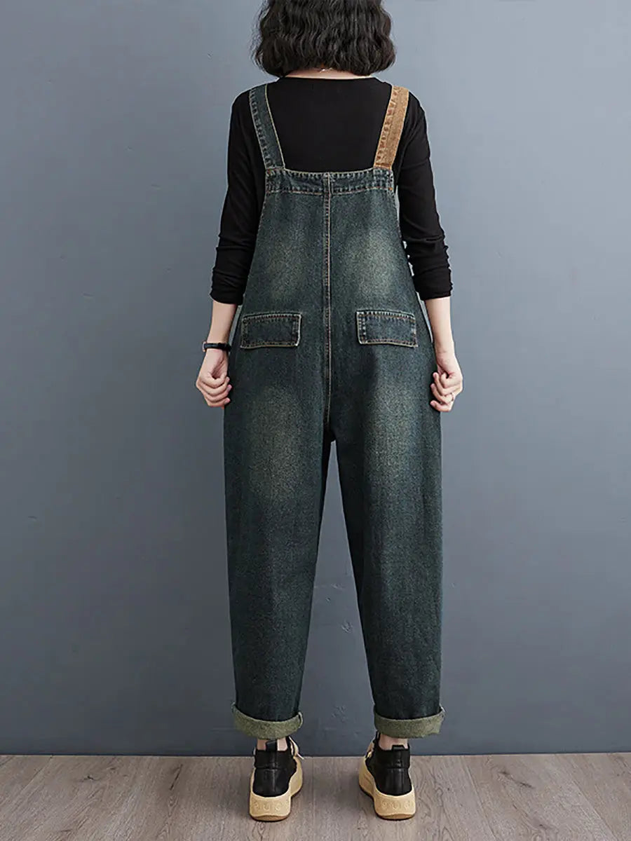 Women Vintage Colorblock Denim Loose Jumpsuits Ada Fashion
