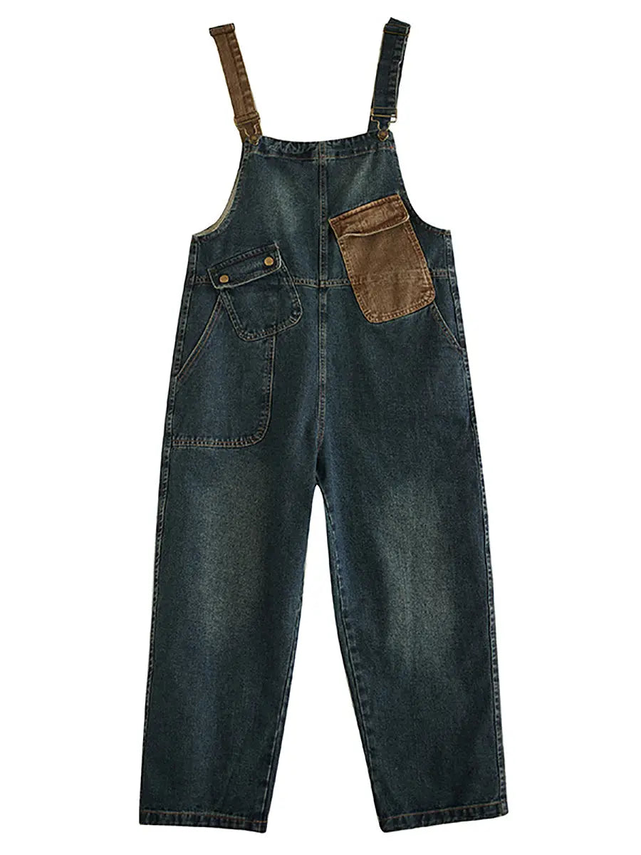 Women Vintage Colorblock Denim Loose Jumpsuits Ada Fashion