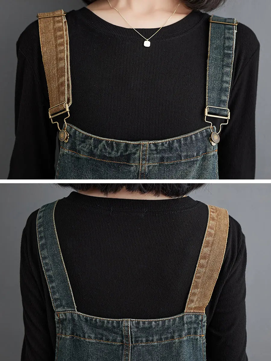 Women Vintage Colorblock Denim Loose Jumpsuits Ada Fashion