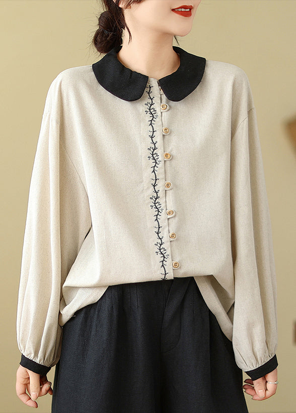 Chemises en lin blanc brodées patchwork pour femmes, printemps TM029
