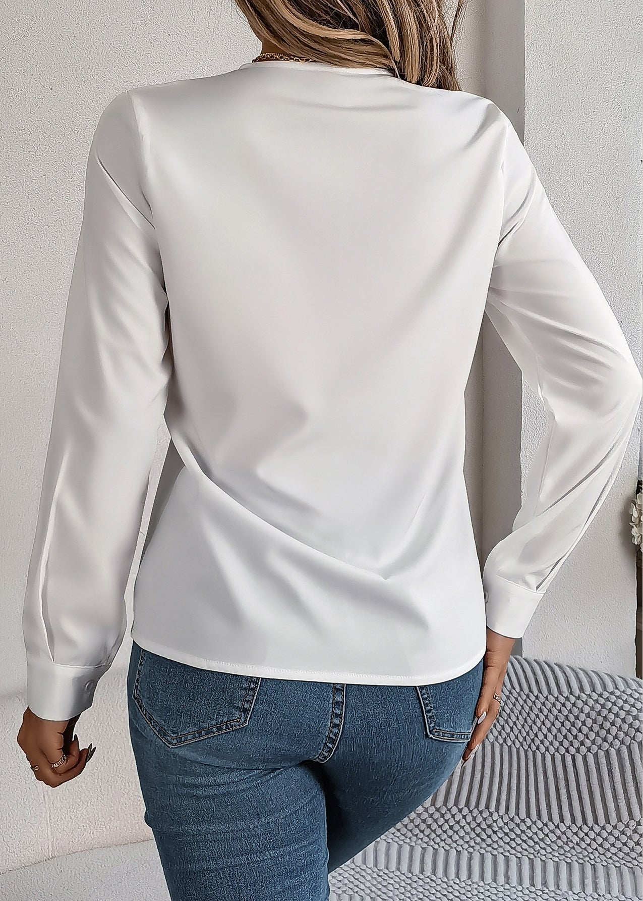 Frauen Weiß V-Ausschnitt Patchwork Baumwolle Hemd Herbst QY038