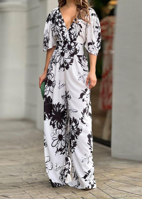 Cotton Neck Jumpsuit Summer Yellow Women V Print