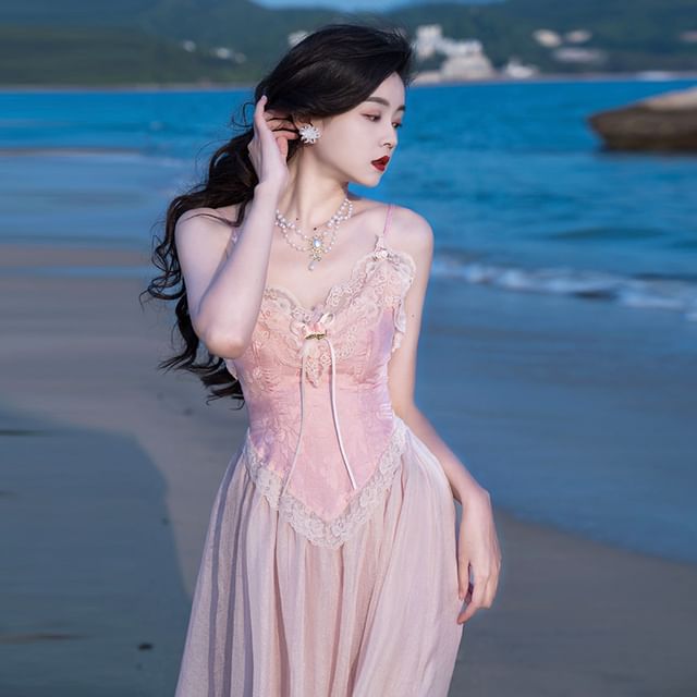 Spaghetti Strap Lace Midi Corset Dress / Necklace / Set Adorher Spaghetti Strap Lace Midi Corset Dress / Necklace / Set Adorher
