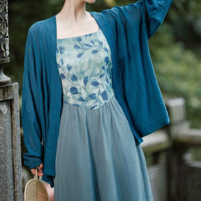 Spaghetti Strap Floral Panel Midi A-Line Dress / Plain Light Jacket / Set