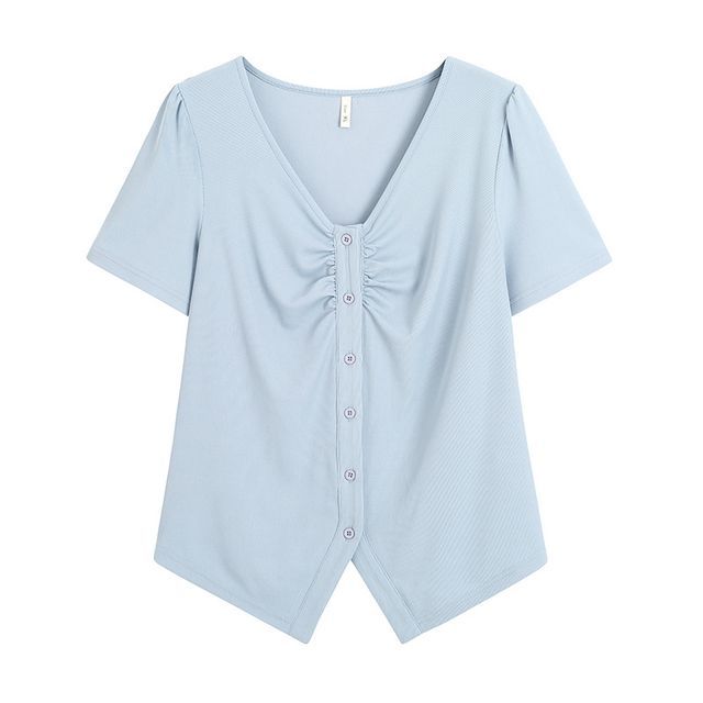 Short-Sleeve V-Neck Plain Ruched Button T-Shirt