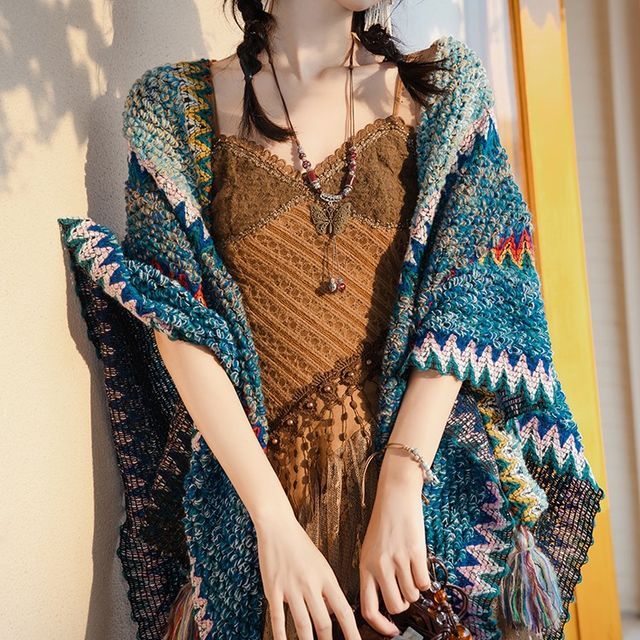 Spaghetti Strap V-Neck Lace Midi A-Line Dress / Pattern Shawl / Set