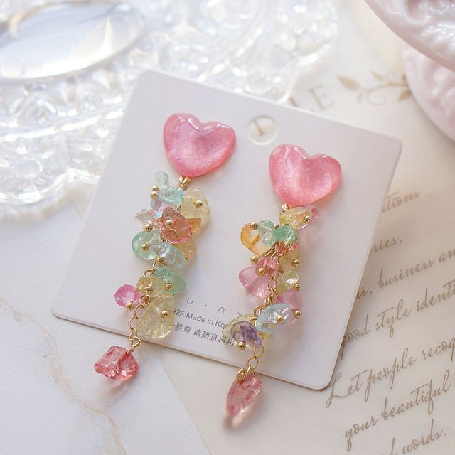 Earring Heart Acrylic Floral Dangle