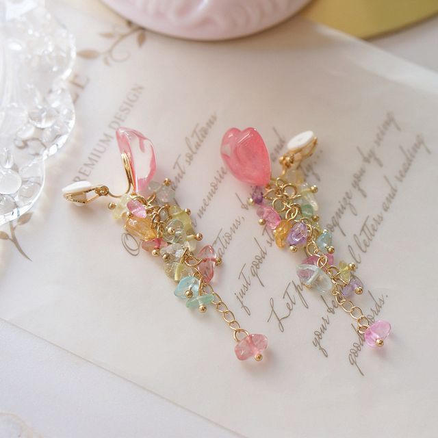 Earring Heart Acrylic Floral Dangle