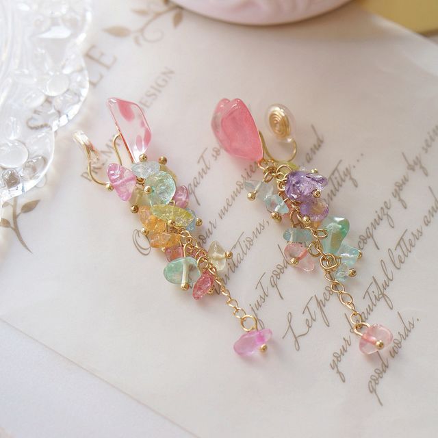 Earring Heart Acrylic Floral Dangle