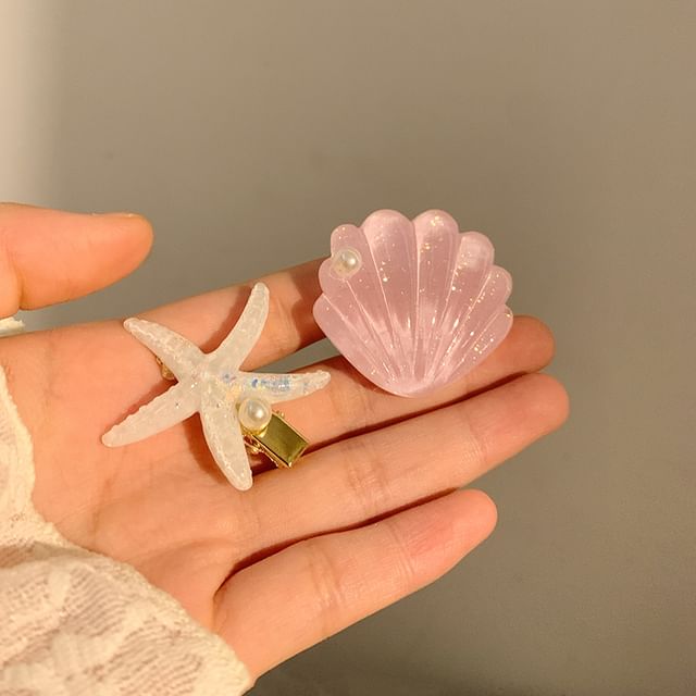 Faux Hair Shell Clip Pearl Starfish / Resin