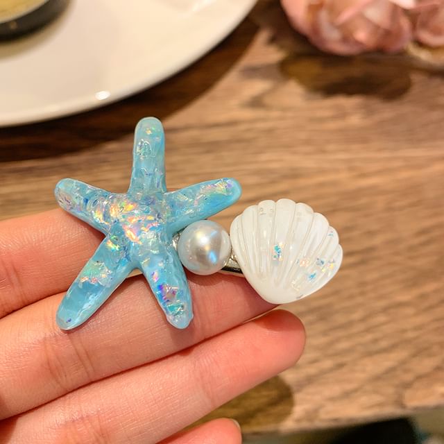 Faux Hair Shell Clip Pearl Starfish / Resin