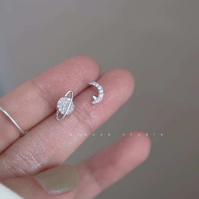 Earring Rhinestone Moon Sterling Silver Stud Asymmetrical
